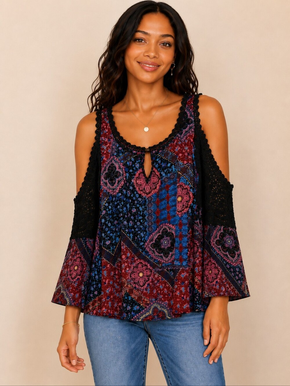 ❤️ BILA PAISLEY CROCHET LACE COLD SHOULDER BOHO BELL SLEEVE TOP, SMALL